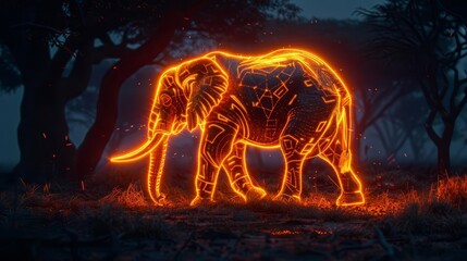 A Neon Orange glow Elephant  silhouette in a nightscape, bold outline, energycharged luminous pointillism, wireframe, tenebrism mastery style, UHD 8k, Unreal Engine 5