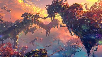 Floating Islands Connected by Intricate Bridges, Bathed in Soft Golden Sunset Light