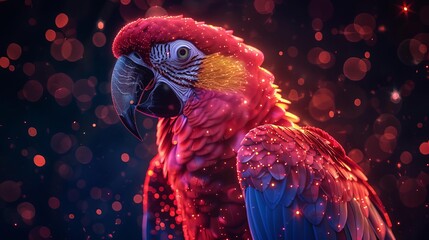 A Neon Orange glow Hyacinth Macaw silhouette in a nightscape, bold outline, energycharged luminous pointillism, wireframe, tenebrism mastery style, UHD 8k, Unreal Engine 5