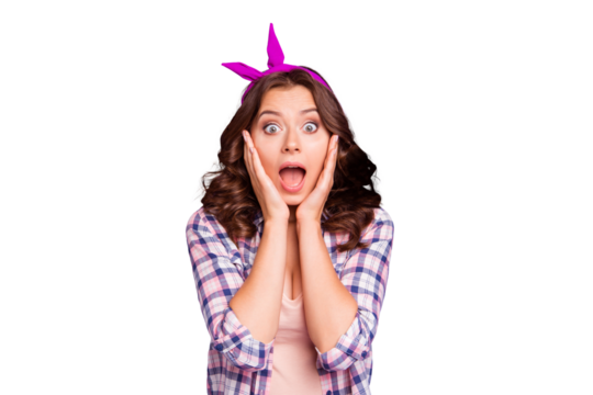 Portrait of nice wondered sweet lovely attractive adorable pretty girlish lady wearing head band hands on cheeks omg gift present surprise gesture isolated over violet background