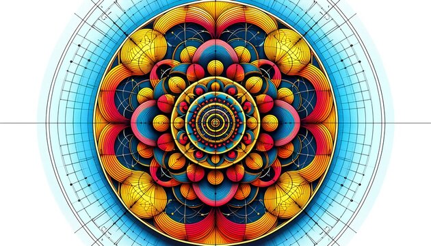 A vibrant, intricate mandala with geometric patterns, vivid colors, and trigonometric precision.
