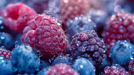 A close up of a bunch of raspberries with water droplets on them
