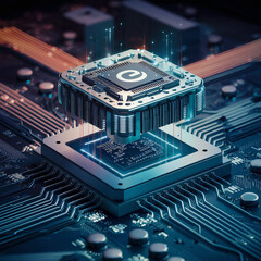 A processor unit that uses artificial intelligence. Powerful Quantum AI component on PCB motherboard with data transfers.