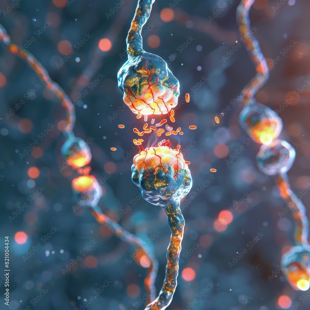 Poster a single synapse with neurotransmitters being released, with a blurred background of a neuron networ