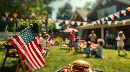 American flag on a patio full of guests enjoying a Memorial Day barbecue, children playing in the background. American family and friends celebrating the 4th of July, Independence Day. Copy space.