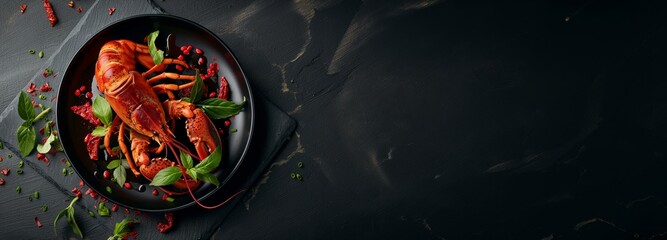 lobster on plate  black background 