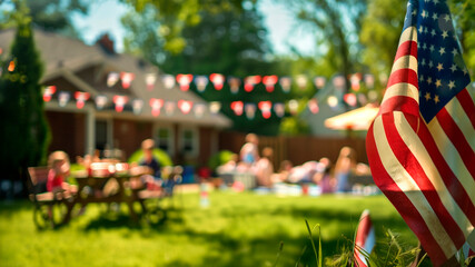 American flag on a patio full of guests enjoying a Memorial Day barbecue, children playing in the background. American family and friends celebrating the 4th of July, Independence Day. Copy space.