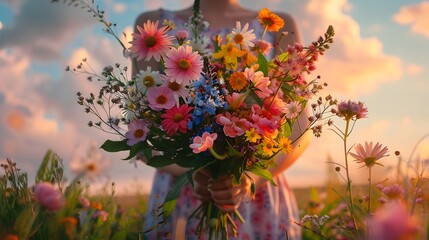 Obraz premium A girl holding wildflowers in her hands, creating an enchanting and colorful bouquet of various flowers such as daisies, lilies, roses, bluebells, pink blossoms. 