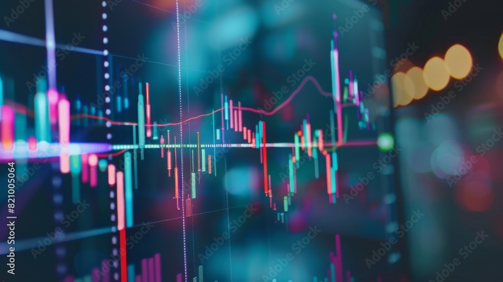 Leinwandbilder A close-up of a computer screen displaying a colorful stock chart with candlestick patterns and indicators.