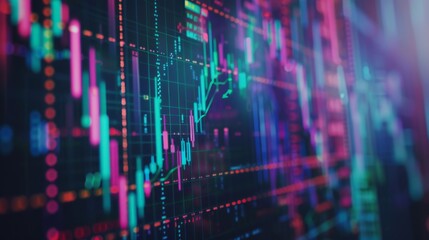 A close-up of a computer screen displaying a colorful stock chart with candlestick patterns and indicators.