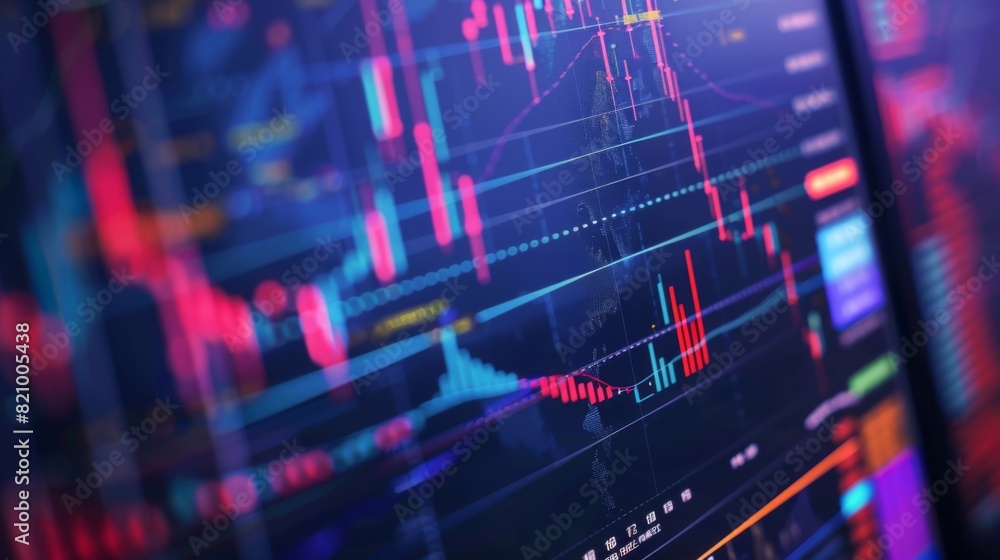 Leinwandbilder A close-up of a computer screen displaying a colorful stock chart with candlestick patterns and indicators.
