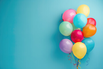 Vibrant Colorful Balloons Floating on Empty Blue Wall Background with Copy Space - Festive Celebration Concept