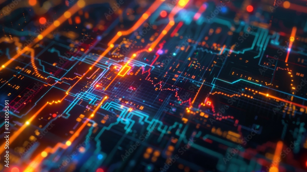 Poster abstract digital rendering of a financial chart with glowing elements and data lines.