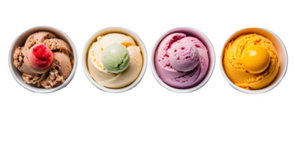 Top view different flavour Ice cream scoop with various topping isolated on white and transparent background. Generative ai