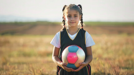 Naklejka premium A young girl dressed in a soccer uniform holds a single, brightly colored soccer ball at her feet Behind her, a vast empty field stretches out, representing the potential for growt