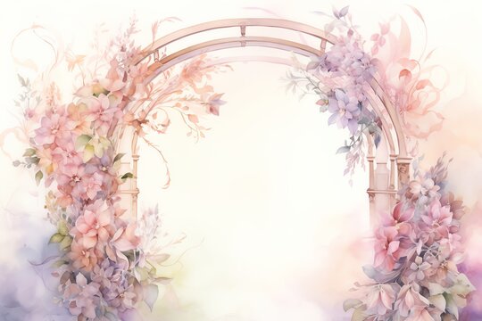 Delicate watercolor floral archway with soft pastel flowers, creating an ethereal and romantic scene, perfect for wedding or celebration invites.