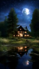 Fototapeta premium Landschaft Märchenhaus am Teich. Hintergrund für das Design 1.