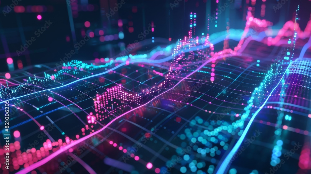 Poster abstract digital representation of a stock chart with glowing lines and data points.
