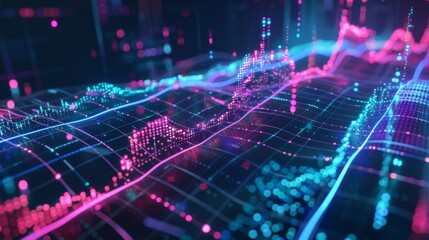 Obraz premium Abstract digital representation of a stock chart with glowing lines and data points.