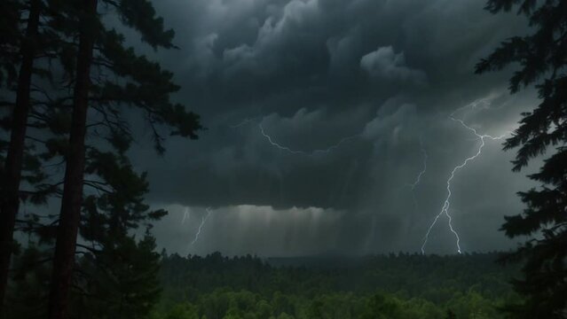 view of dark clouds with lightning striking in the forest