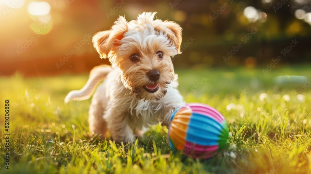 Poster adorable puppy with floppy ears playing with a colorful ball in a sunny park.