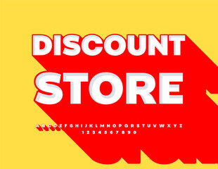 Vector bright signboard Discount Store. Trendy 3D Font with Big Red Shadow. Creative set of Alphabet Letters and Numbers.