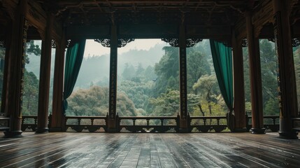 the expansive wooden room of an ancient Chinese house, adorned with a verdant green curtain on one side and offering a breathtaking view of the forest through the window.