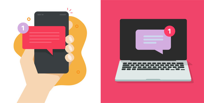 New sms message on cell phone screen and new email notification notice reminder on computer laptop pc vector icon graphic illustration set, chat messenger app flat cartoon style image clip art