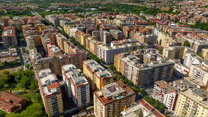 Aerial view of the residential houses and buildings of the Marconi district in Rome, Italy.