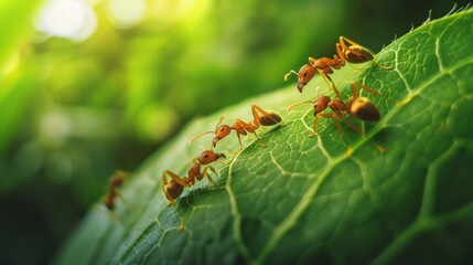 Ants working together on a large leaf, carrying food and building their nest.