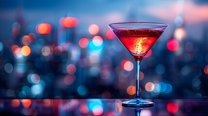 A red cocktail in an elegant martini glass, set against the backdrop of city lights at night.
