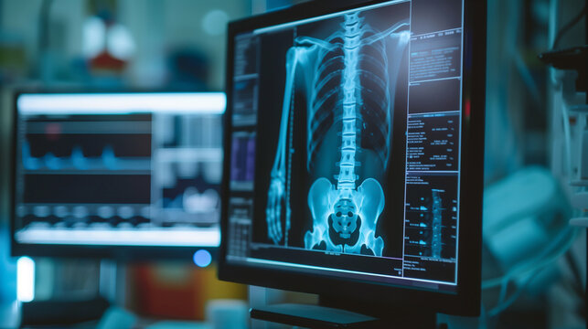 Bone density scan on a monitor illustrating osteoporosis vs healthy bone in a clinical setting lit by powerful cinematic light for dramatic effect with copy space