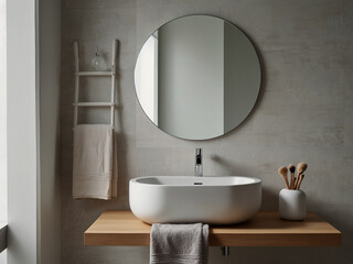 Minimalist Bathroom with Modern Vanity and Round Mirror