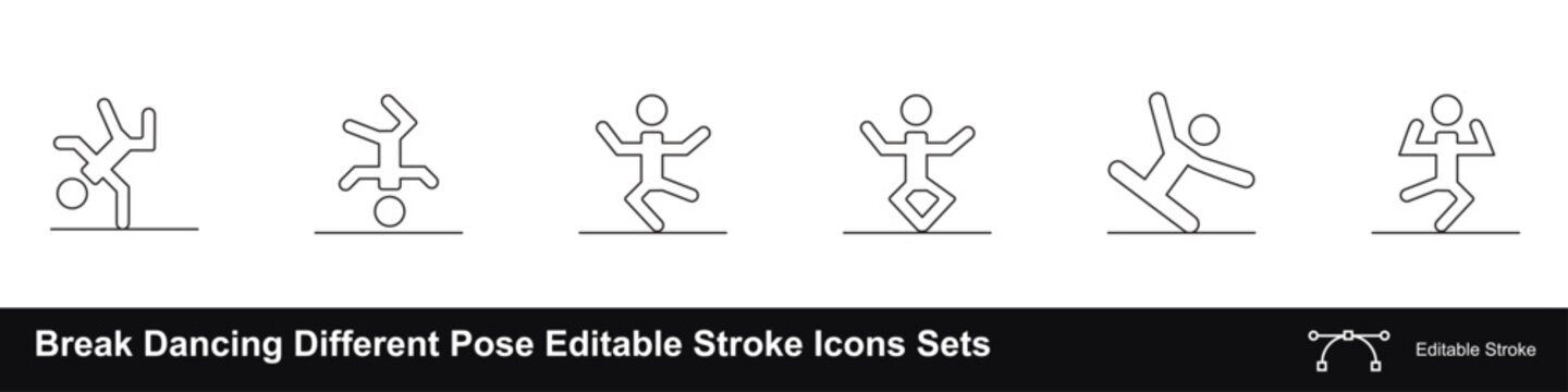 Break dancing different pose editable stroke icons sets