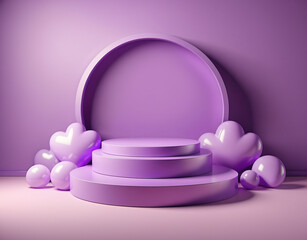 Podium, gift box, cloud, violet background. Concept for product visualization. Pedestal, stand with present, banner, pastel colored. 
