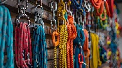 A wall of colorful climbing accessories, such as carabiners and ropes, hangs in the background.
