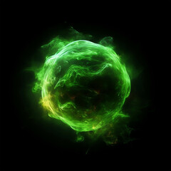 Abstract green energy sphere with glowing light trails on black background, perfect for futuristic and sci-fi themed projects.