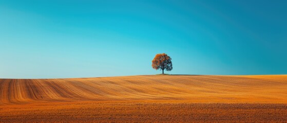 A lone tree stands on a grassy hill under a clear blue sky.