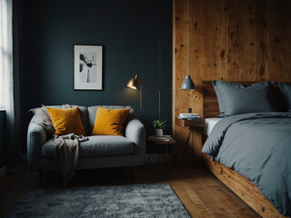 Cozy and Elegant Modern Bedroom with Wooden Accents and Soft Lighting, Featuring a Comfortable Bed, Stylish Furniture, and a Minimalist Design for a Warm and Inviting Atmosphere