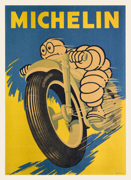 michelin tires company original old historic poster tire man on a motorbike