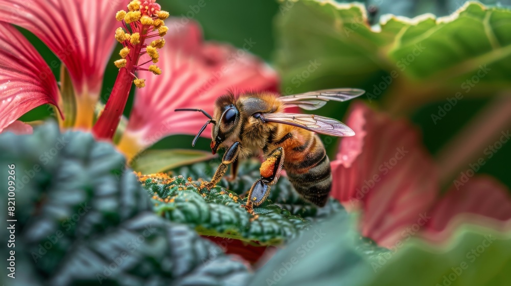 Poster bee collecting pollen from a flower while resting on a nearby leaf.