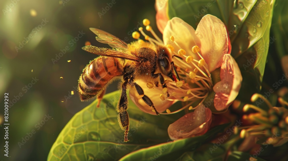Poster bee collecting pollen from a flower while resting on a nearby leaf.