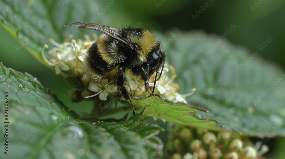 Poster bee collecting pollen from a flower while resting on a nearby leaf.
