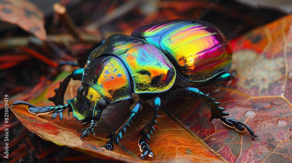 Poster Beetle with shiny, iridescent colors resting on a leaf in the forest.