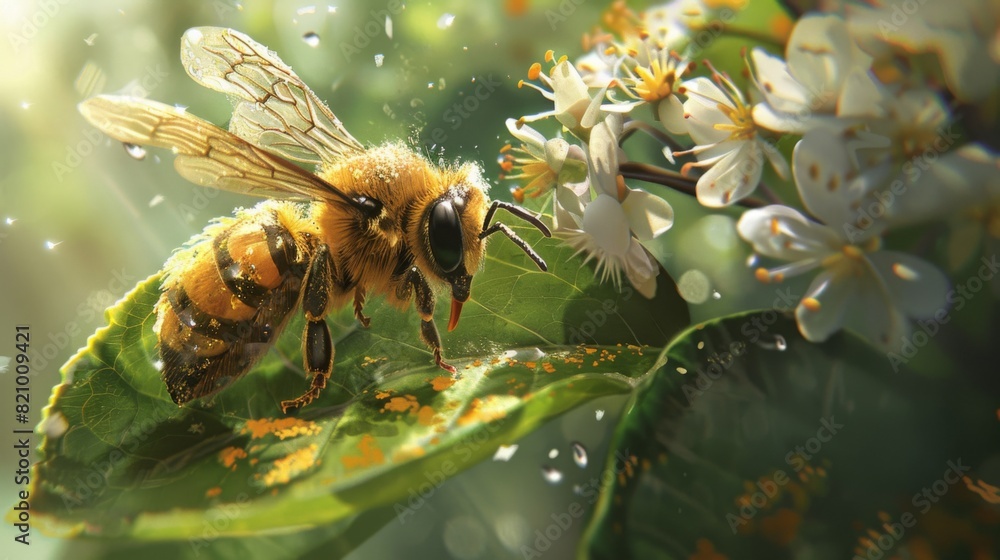 Poster bee collecting pollen from a flower while resting on a nearby leaf.