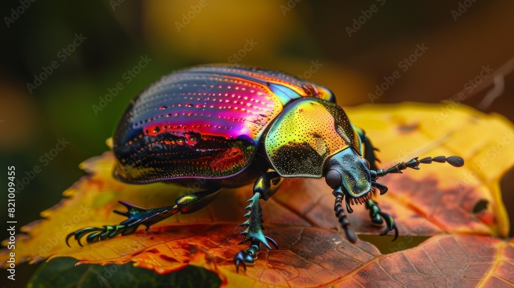 Poster Beetle with shiny, iridescent colors resting on a leaf in the forest.