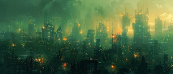 Fototapeta premium Create a frontal view of a dystopian cityscape, enveloped in an atmospheric background, using impressionistic style