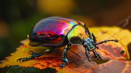 Fototapeta premium Beetle with shiny, iridescent colors resting on a leaf in the forest.