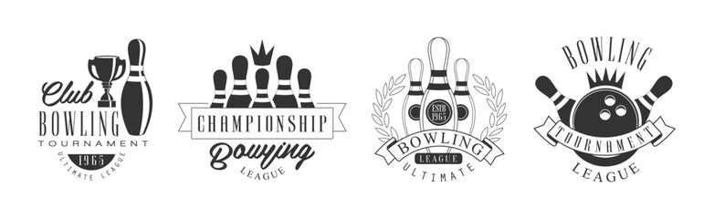 Bowling Tournament League Monochrome Label and Logo Design Vector Set