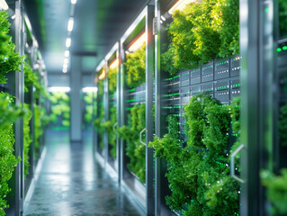 green computing. a server covered with leaves representing sustainable computing for the environment.
